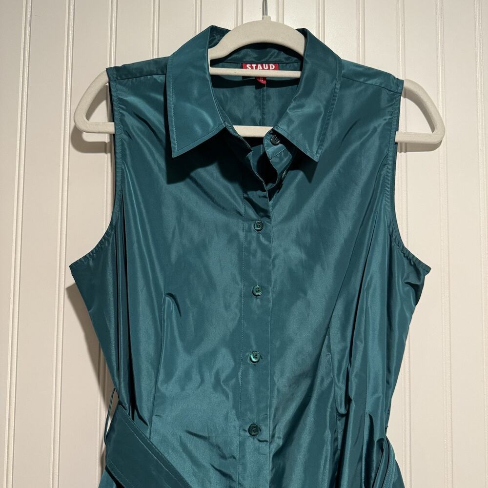 Staud Jolene Belted Taffeta Shirt Dress Coastal Green Spring Classic Size 10 - Picture 3 of 8